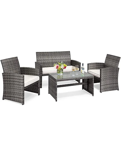 4PCS Patio Rattan Furniture Set Conversation Glass Table Top