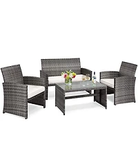 4PCS Patio Rattan Furniture Set Conversation Glass Table Top