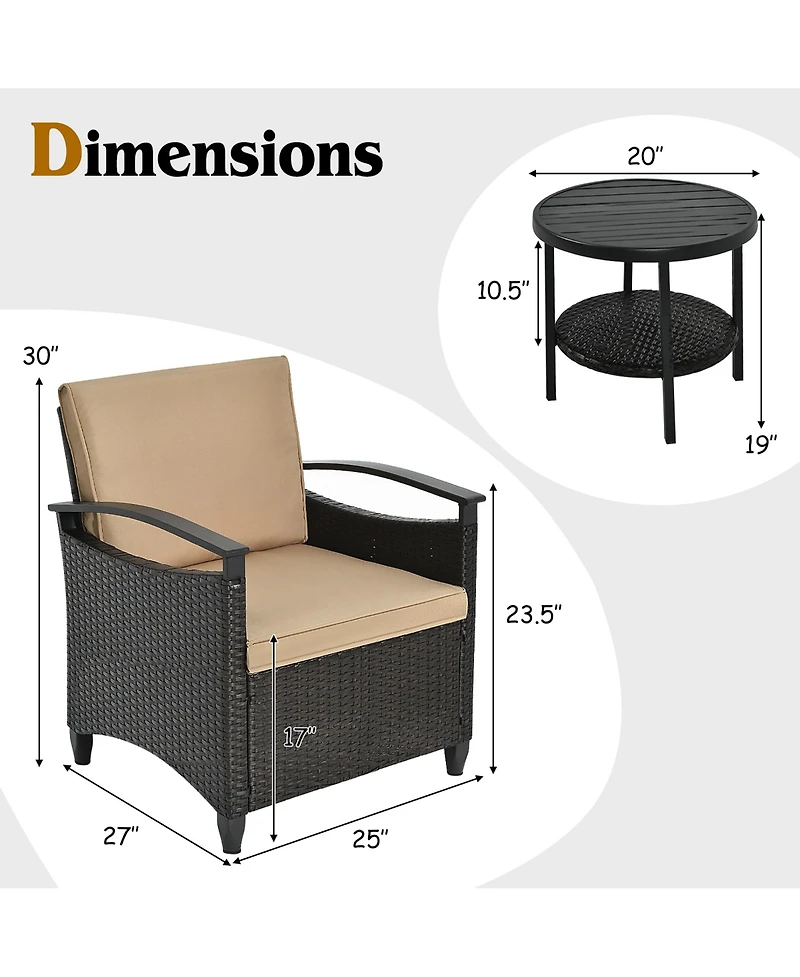 3PCS Patio Rattan Furniture Set Cushioned Sofa Storage Table W/ Shelf Garden
