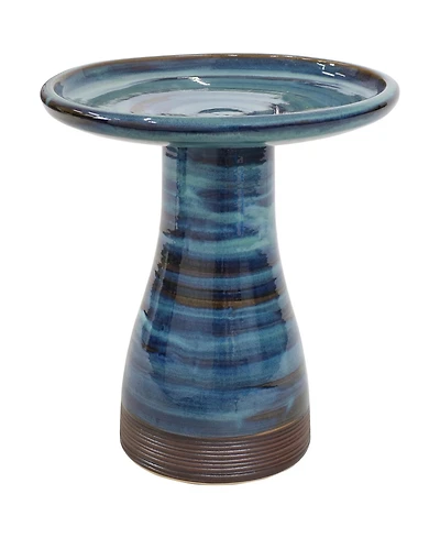 21" H Ceramic Bird Bath for Outside - Hand-Painted Outdoor Bird Bath Bowl, Uv/Frost-Resistant Finish - Galaxy Blue - Ribbed Pedestal