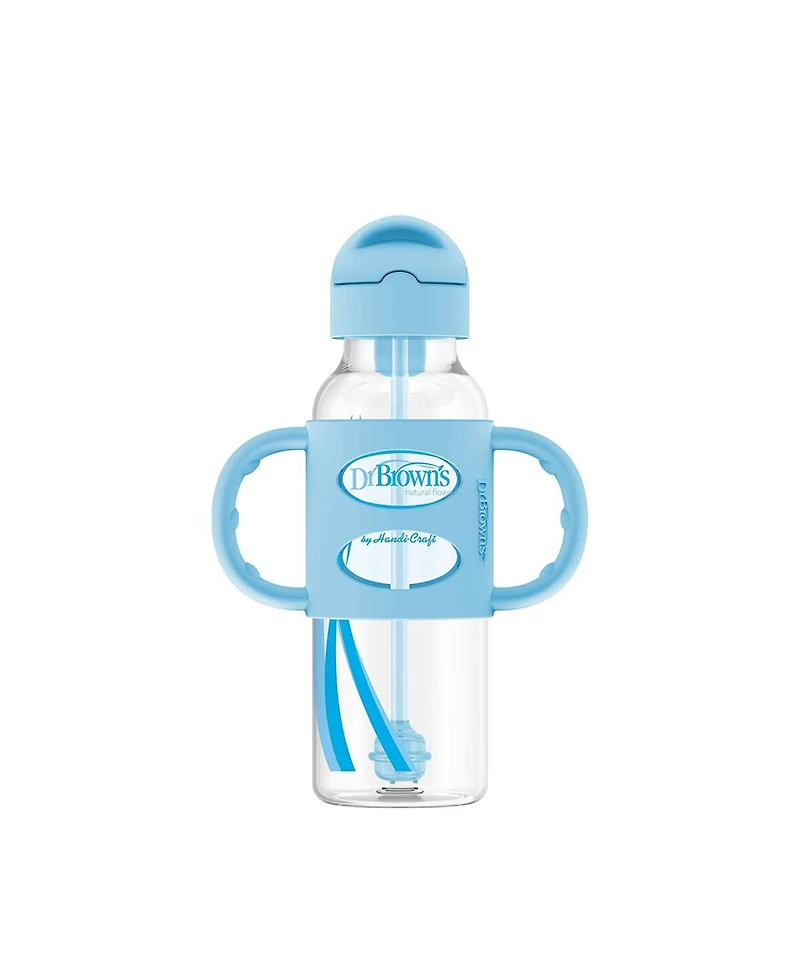 Dr. Browns Baby Narrow Sippy Straw Bottle with 100% Silicone Handles, 8oz, Blue