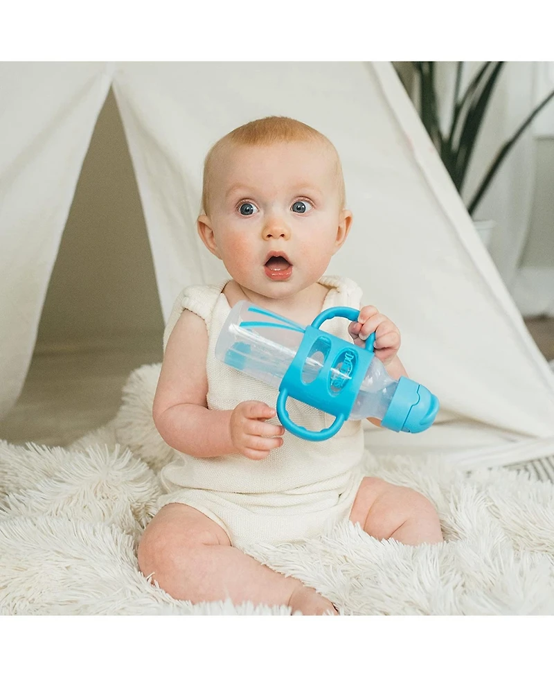 Dr. Browns Baby Narrow Sippy Straw Bottle with 100% Silicone Handles, 8oz, Blue