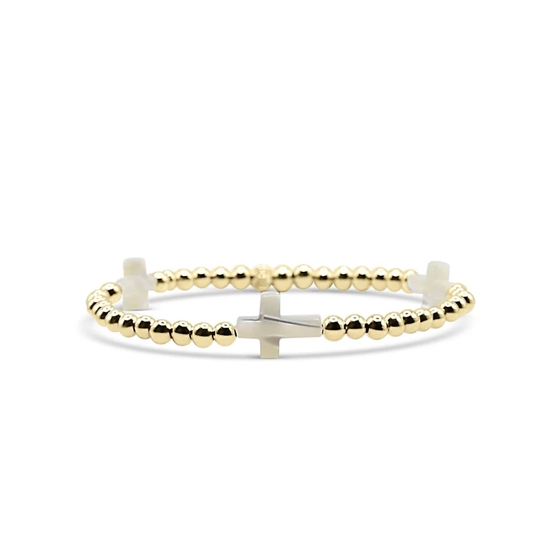 Bowood Lane Non-Tarnishing Gold Filled, 4mm Ball and Mother Of Pearl Cross Stretch Bracelet