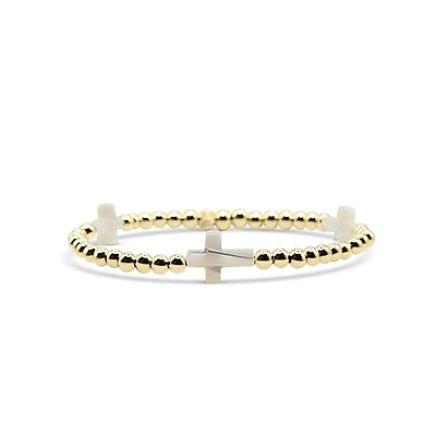 Bowood Lane Non-Tarnishing Gold Filled, 4mm Ball and Mother Of Pearl Cross Stretch Bracelet