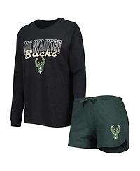 Women's Concepts Sport Heather Black, Heather Hunter Green Milwaukee Bucks Team Raglan Long Sleeve T-shirt and Shorts Sleep Set