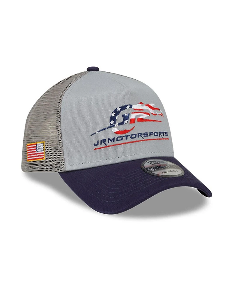 Men's New Era Gray, Navy Jr Motorsports 9FORTY A-Frame Trucker Snapback Adjustable Hat