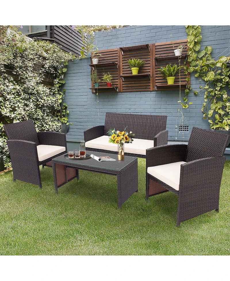 4PCS Patio Rattan Furniture Set Cushioned Chair Sofa Coffee Table