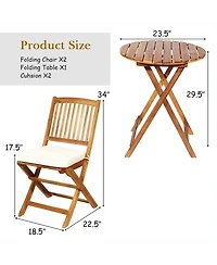 3PCS Patio Folding Wooden Bistro Set Cushioned Chair Conversation Garden
