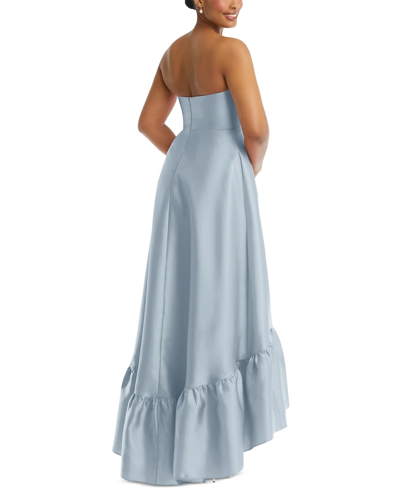 Alfred Sung Women's Strapless Deep Ruffle Hem Satin High Low Dress with Pockets