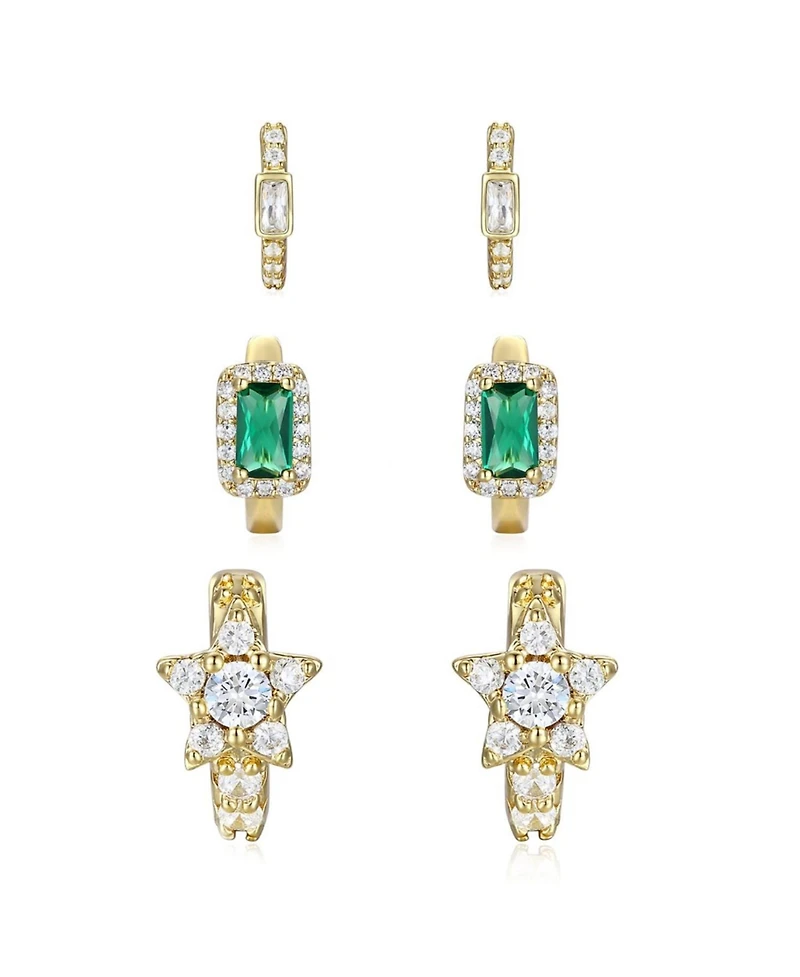 Genevive Extra Mini Sterling Silver 14k Gold Plated with Green & Cubic Zirconia Halo Star 3-Piece Hoop Earrings Set