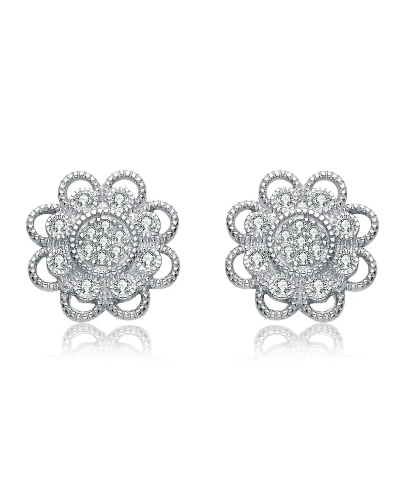 Sterling Silver Cubic Zirconia White Gold Plated Round Lace Design Earrings