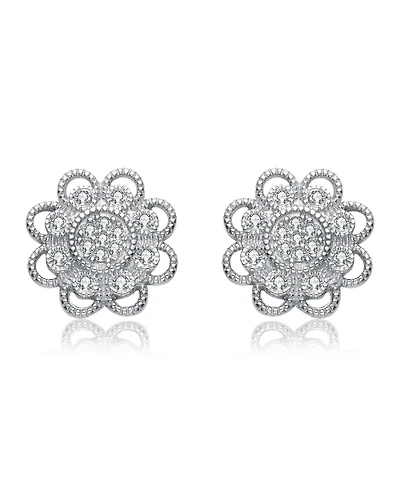 Sterling Silver Cubic Zirconia White Gold Plated Round Lace Design Earrings