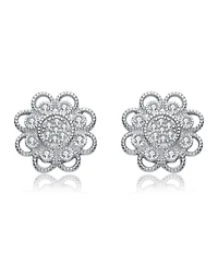 Sterling Silver Cubic Zirconia White Gold Plated Round Lace Design Earrings
