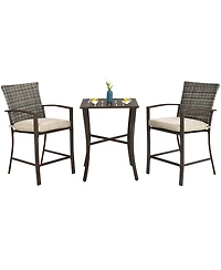 3PCS Patio Rattan Bar Furniture Set Slat Table 2 Cushioned Stools Poolside