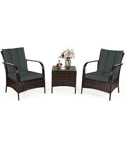 Costway 3 Pcs Patio Wicker Rattan Furniture Set Coffee Table & 2 Chair