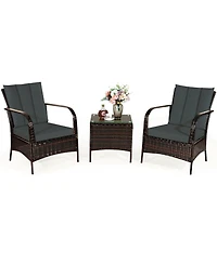 Costway 3 Pcs Patio Wicker Rattan Furniture Set Coffee Table & 2 Chair