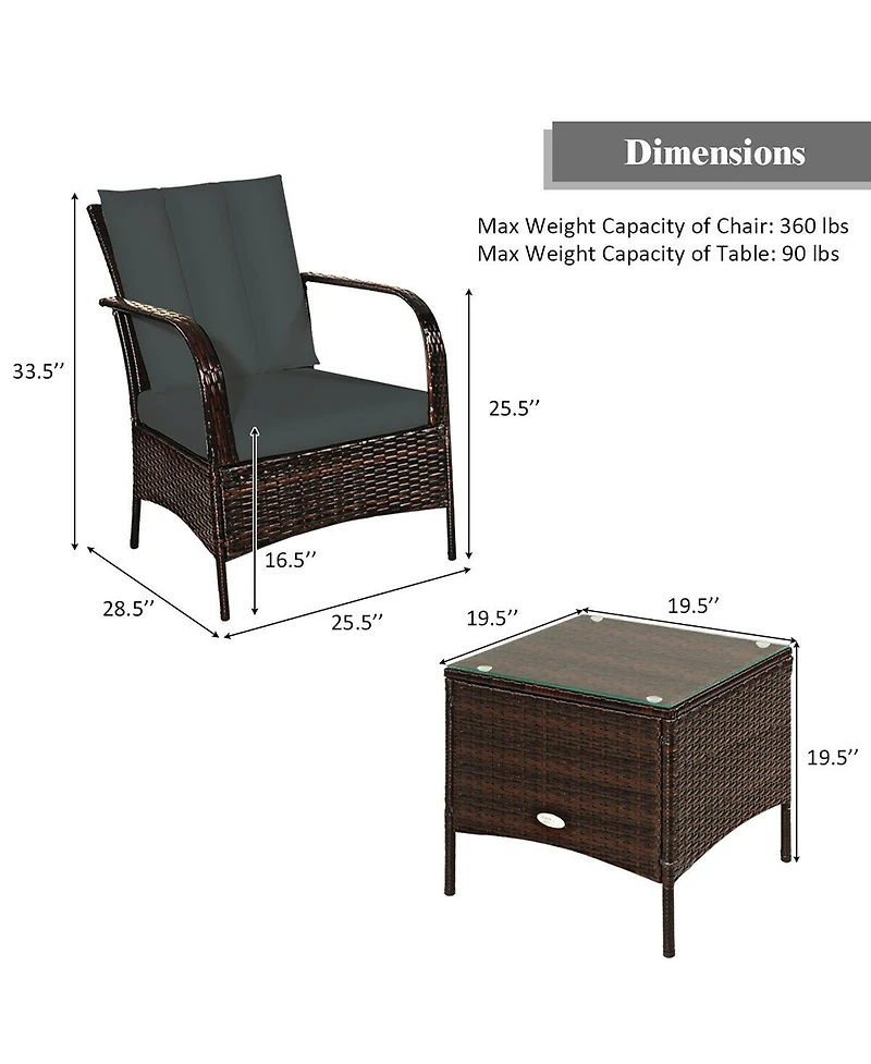 Costway 3 Pcs Patio Wicker Rattan Furniture Set Coffee Table & 2 Chair