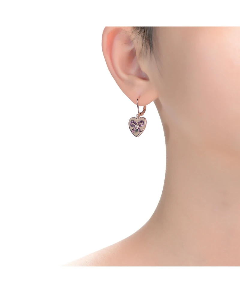 Sterling Silver with Pink Bow Heart Cubic Zirconia Leverback Earrings