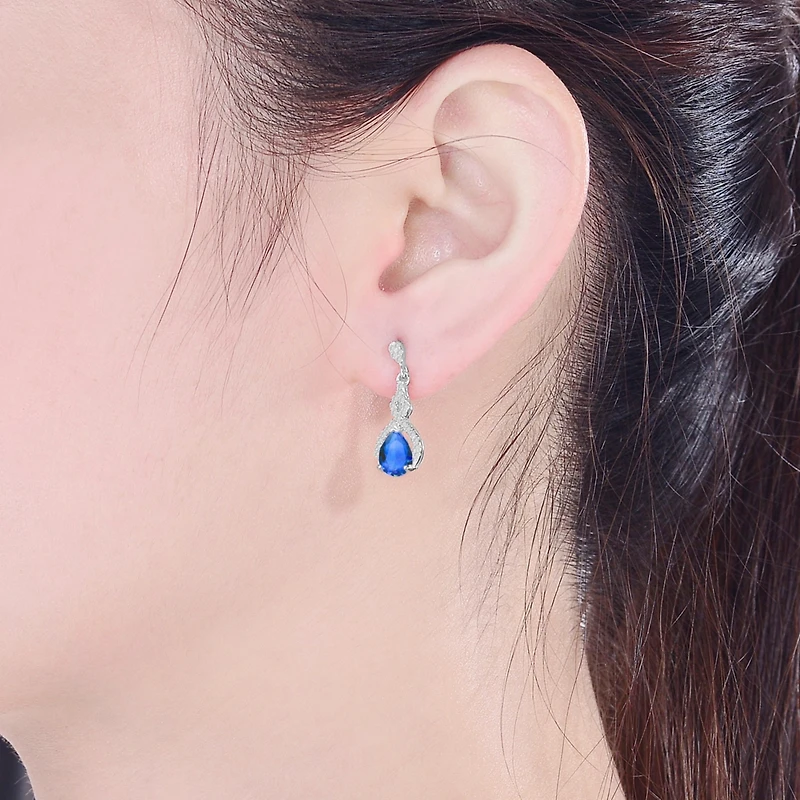 Cubic Zirconia Sterling Silver Colored Stoned Teardrop Earrings
