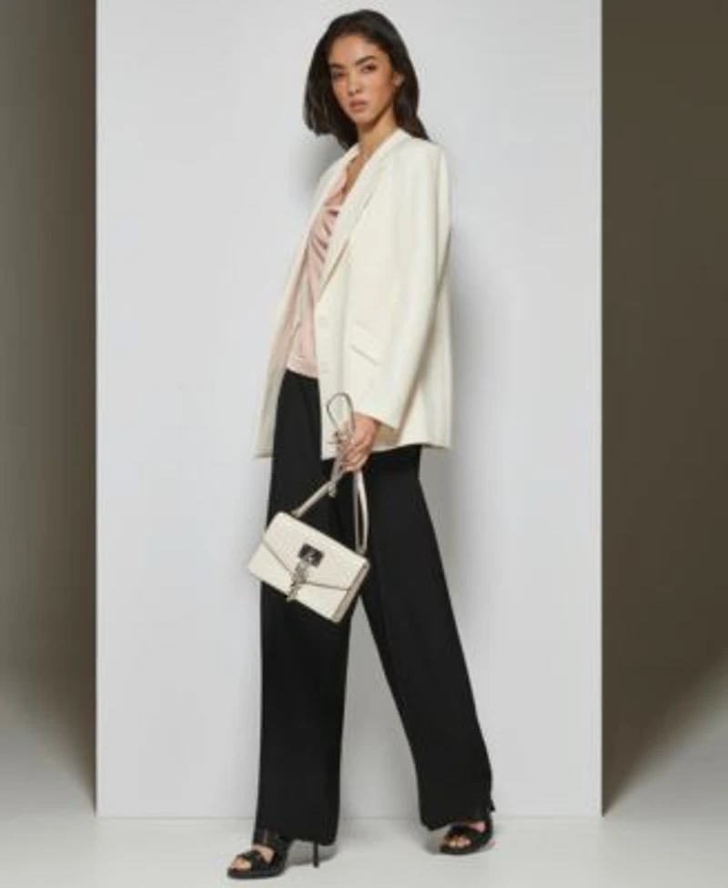 Dkny Womens Peak Lapel Two Button Long Sleeve Blazer Cowlneck Contrast Strap Camisole Top High Rise Zip Front Wide Leg Crepe Pants
