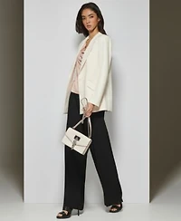 Dkny Womens Peak Lapel Two Button Long Sleeve Blazer Cowlneck Contrast Strap Camisole Top High Rise Zip Front Wide Leg Crepe Pants
