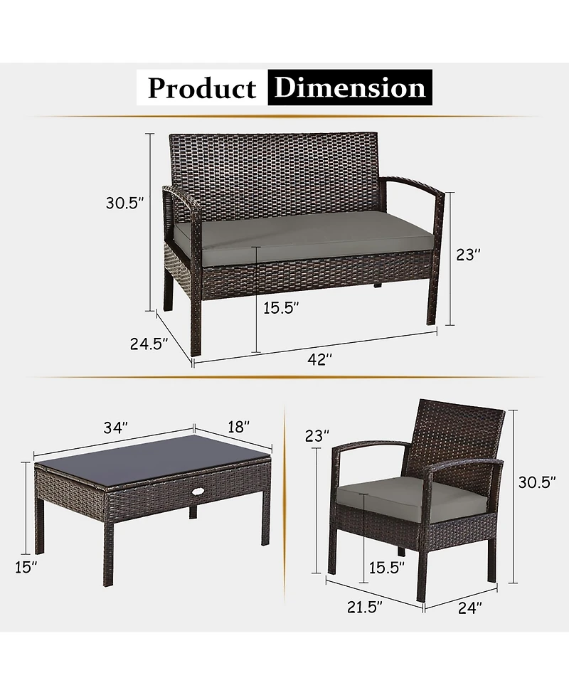 Costway 4PCS Patio Rattan Wicker Furniture Set Brown Loveseat Sofa