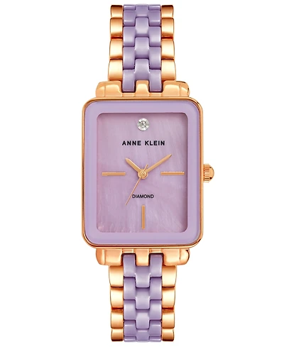 Anne Klein Women's Three Hand Quartz Rose Gold-tone Alloy and Lavender Ceramic Link Bracelet Watch, 32mm