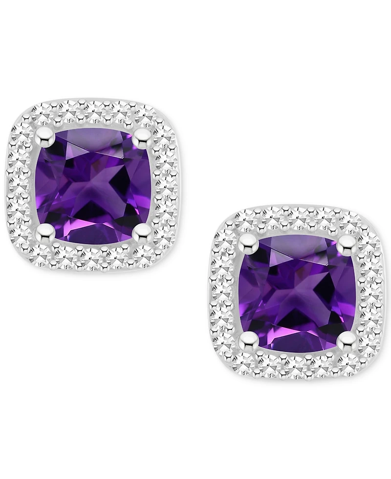Amethyst (1 ct. t.w.) & Diamond (1/5 Cushion Halo Stud Earrings Sterling Silver (Also Citrine, Garnet, Peridot, Blue Topaz)
