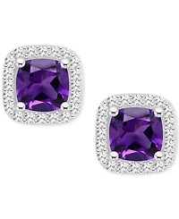 Amethyst (1 ct. t.w.) & Diamond (1/5 Cushion Halo Stud Earrings Sterling Silver (Also Citrine, Garnet, Peridot, Blue Topaz)