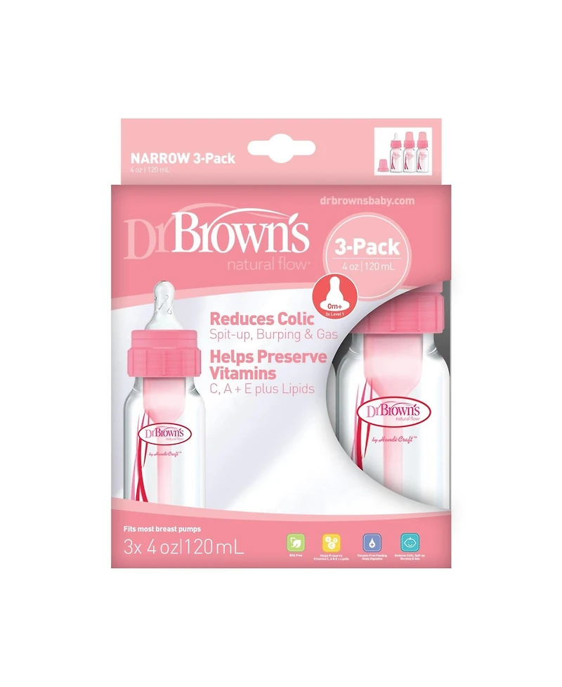 Dr. Browns Natural Flow Anti-Colic Baby Bottles, Pink, 4oz, 3 Pack