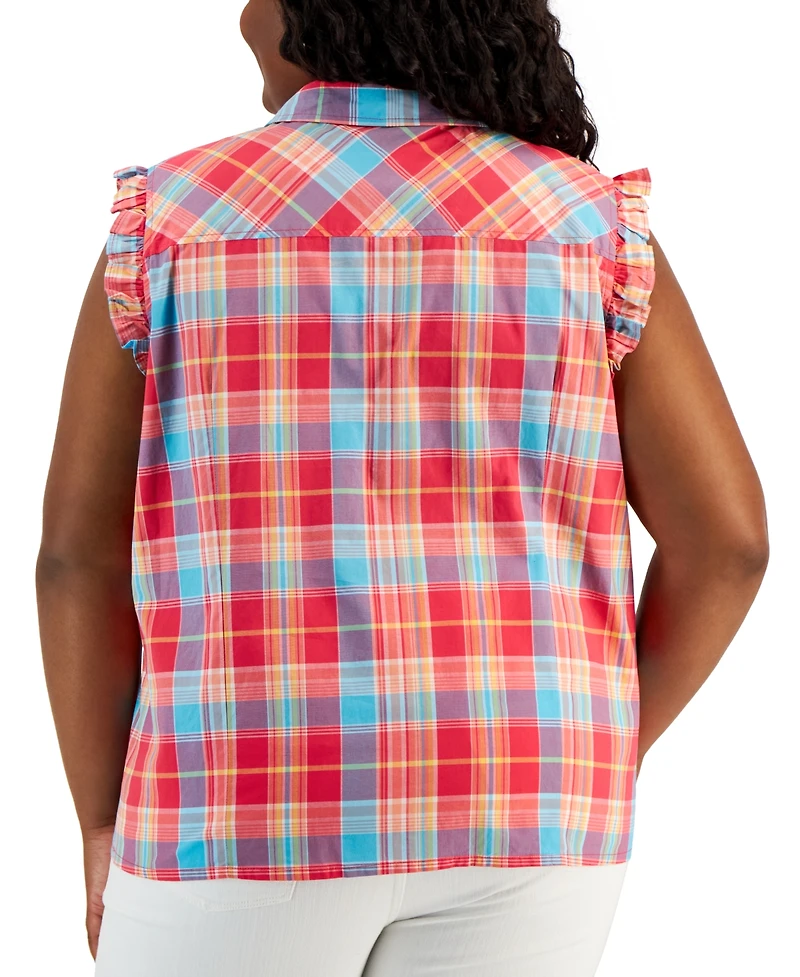 Tommy Hilfiger Plus Plaid Flutter-Sleeve Top