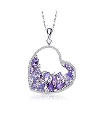 Sterling Silver with White Gold Plating Purple Oval with Clear Round Cubic Zirconia Open Heart Necklace
