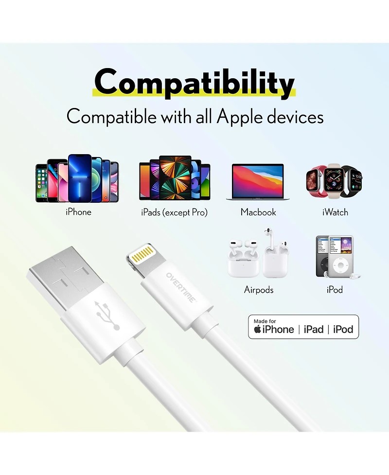 Overtime Apple MFi Certified iPhone 11/Xr/Se/10/8 10ft Charging Cable | Usb to Lightning Cable for iPhone - White