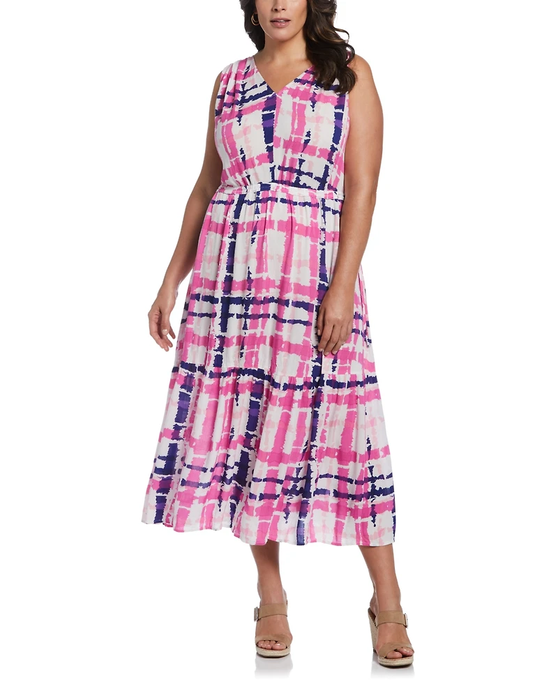 Ella Rafaella Plus Plaid Print V-Neck Midi Dress