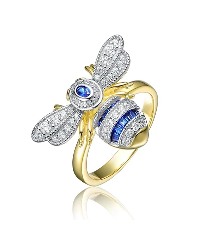 Sterling Silver 14k Yellow Gold Plated with Blue Cubic Zirconia Pave Wasp Ring