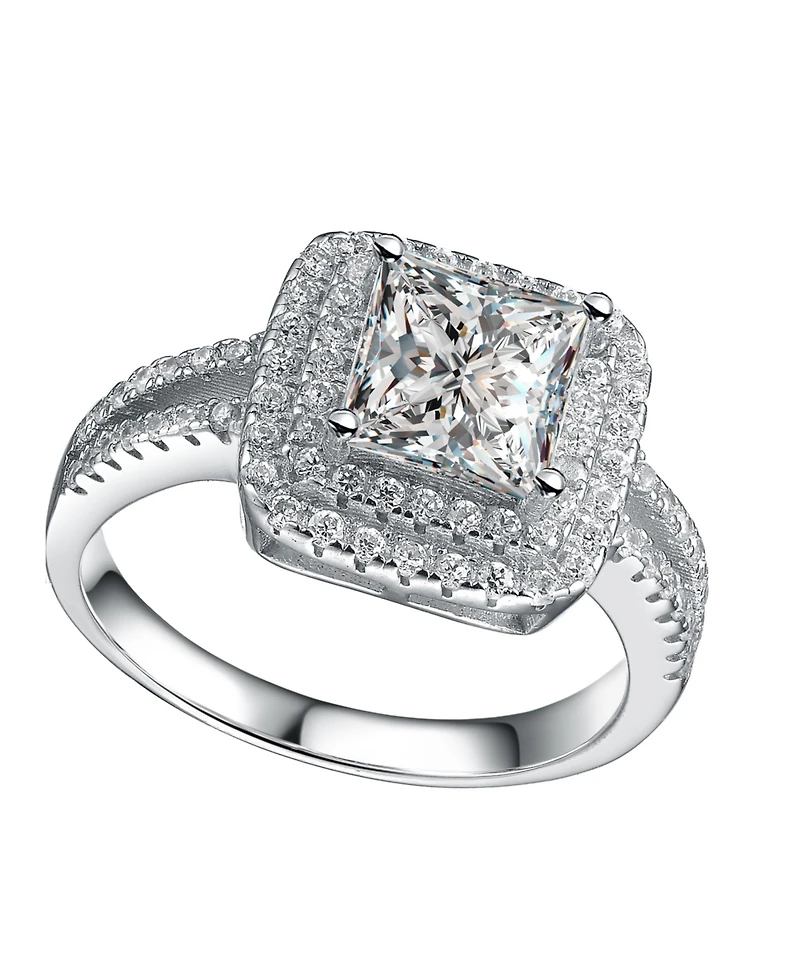 Sterling Silver White Gold Plated Cubic Zirconia Square Statement Ring