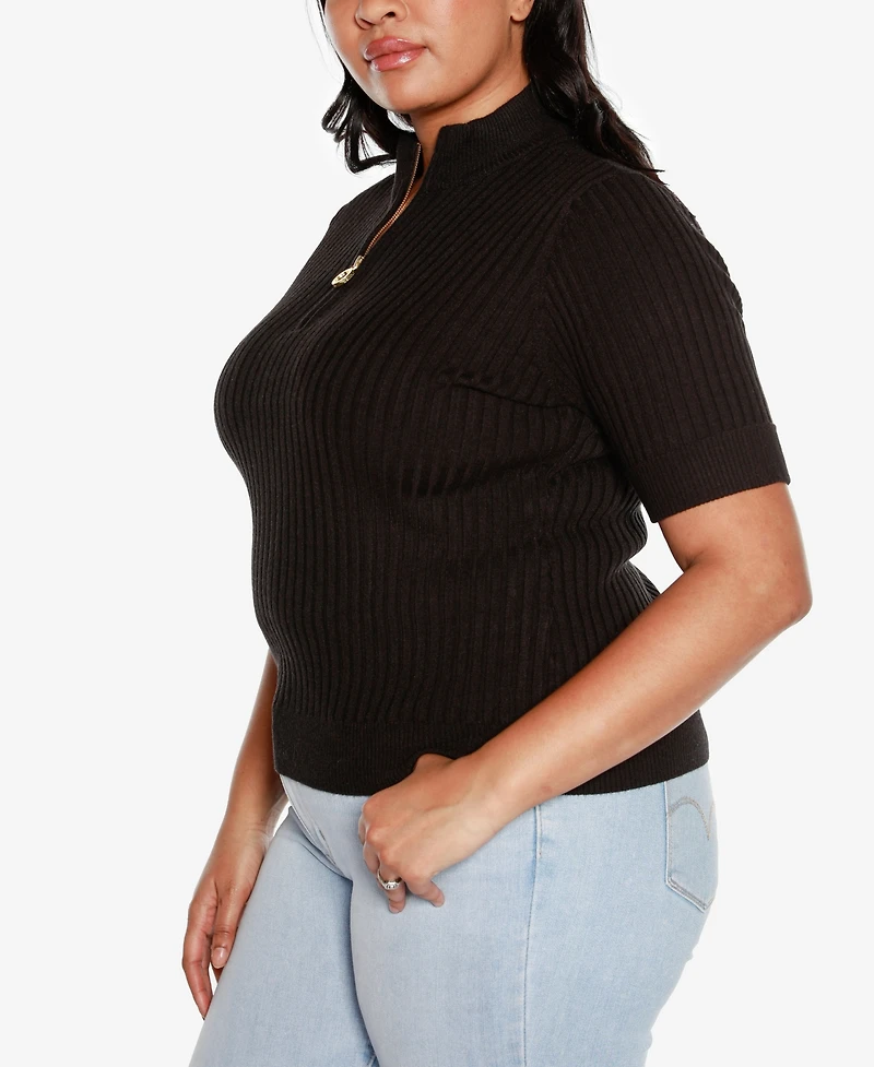 Belldini Black Label Plus Mock Neck Zip Front Ribbed Short Sleeve Sweater