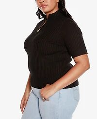 Belldini Black Label Plus Mock Neck Zip Front Ribbed Short Sleeve Sweater