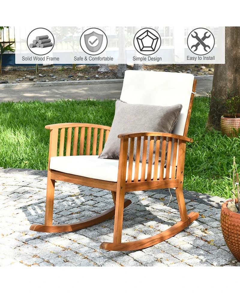Costway Acacia Wood Rocking Chair Patio Garden Lawn W/ Cushion
