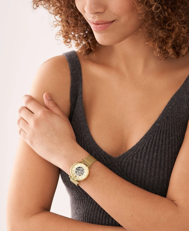 Fossil Women's Carlie Automatic Gold-Tone Stainless Steel Mesh Watch, 35mm