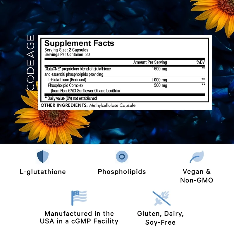 Codeage Liposomal Glutathione 1000 mg Supplement, High-Potency Reduced Glutathione - Liposomal Delivery - L-Glutathione - Phospholipids