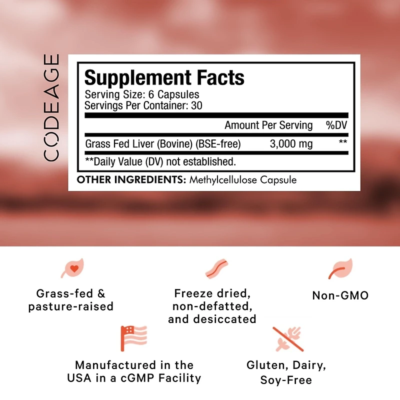 Codeage Grass Fed Beef Liver Supplement Superfood, Freeze Dried, Non-Defatted, Desiccated Beef Liver Glandulars Bovine Pills, Pasture Raised Beef Vita