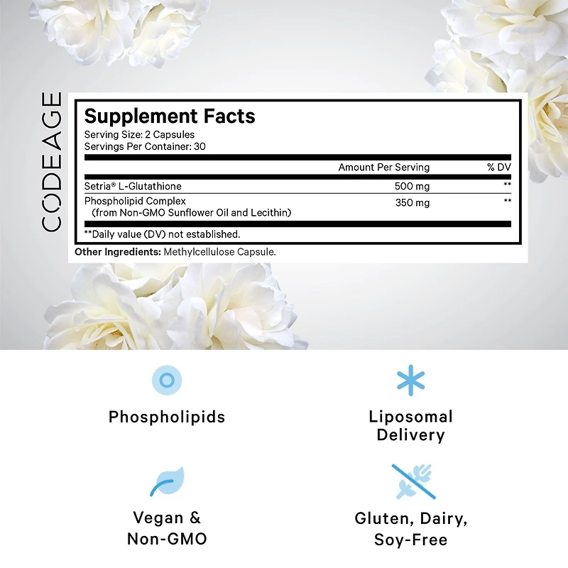 Codeage Liposomal Glutathione Supplement - Pure Reduced Setria L-Glutathione, Liposomal Delivery, Phospholipid Complex
