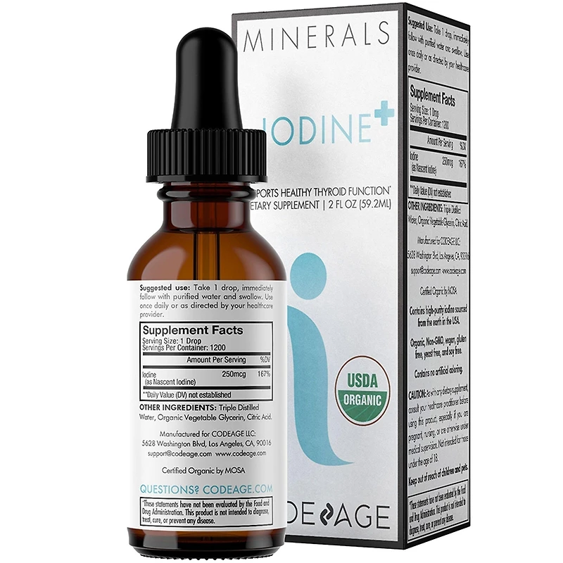 Codeage Usda Organic Iodine Drops – Usda Certified Organic - 250 Mcg Per Serving - 1+ Year Supply - Liquid Iodine Supplement