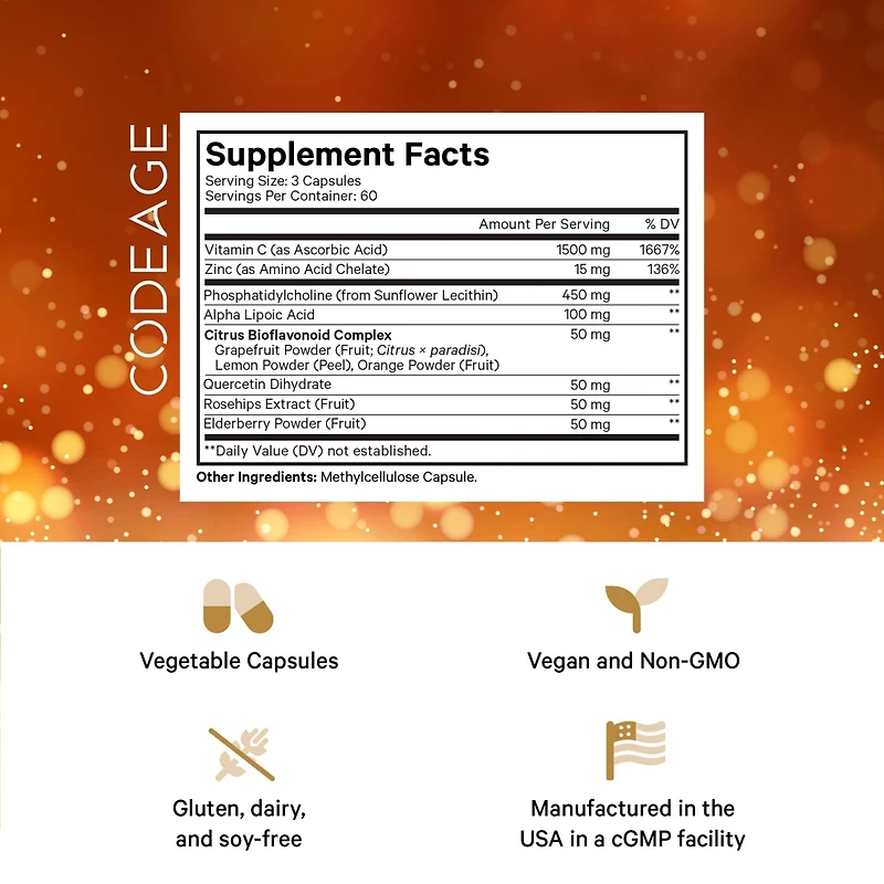 Codeage Liposomal Vitamin C 1500mg with Zinc, Elderberry, Citrus Bioflavonoids Grapefruit, Lemon, Orange Powder, Quercetin & Rose Hips Fruit Supplemen