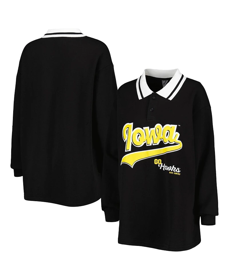 Women's Gameday Couture Black Iowa Hawkeyes Happy Hour Long Sleeve Polo Shirt