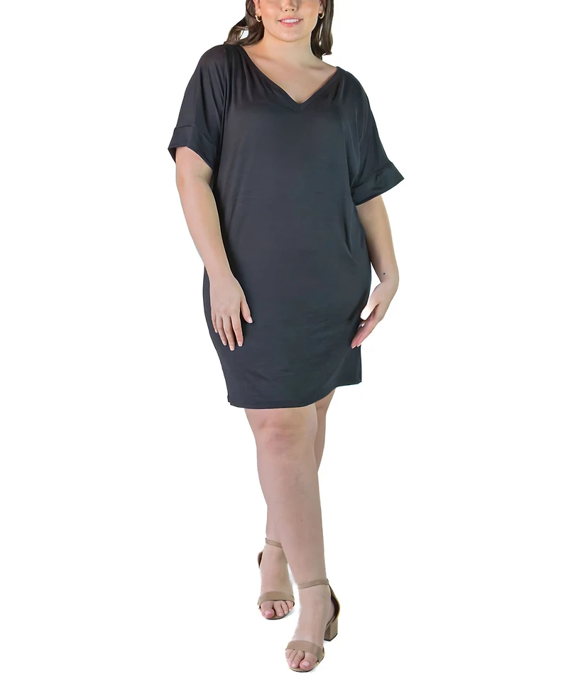 24seven Comfort Apparel Plus Loose Fit V-Neck T Shirt Dress