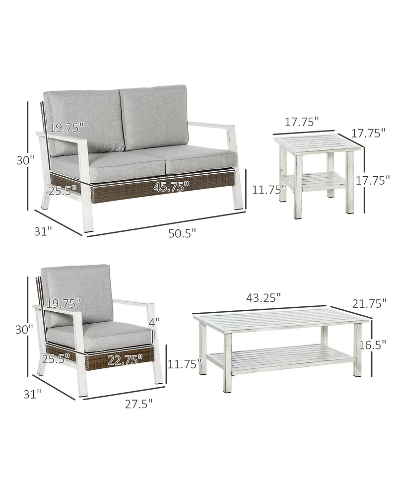 Outsunny 5-Piece Outdoor Pe Rattan Wicker Patio Furniture Set, Cushions, 1 Loveseat, 2 Armchairs, 1 Faux Wood Slat Two-Tier Center Coffee Table, 1 Two