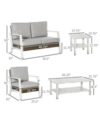 Outsunny 5-Piece Outdoor Pe Rattan Wicker Patio Furniture Set, Cushions, 1 Loveseat, 2 Armchairs, 1 Faux Wood Slat Two-Tier Center Coffee Table, 1 Two