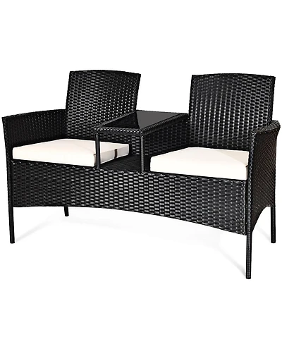 Patio Rattan Conversation Set Seat Sofa Cushioned Loveseat Glass Table Chairs